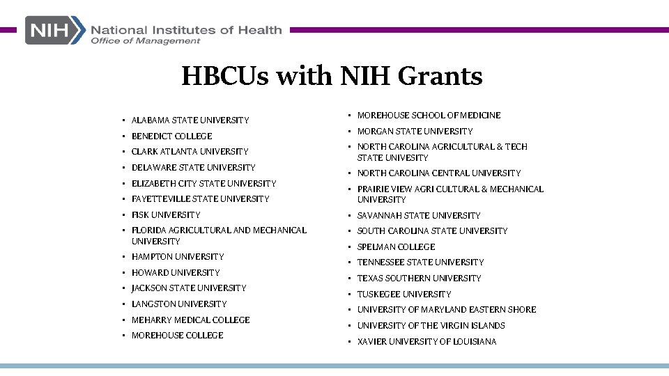 HBCUs with NIH Grants • ALABAMA STATE UNIVERSITY • BENEDICT COLLEGE • CLARK ATLANTA