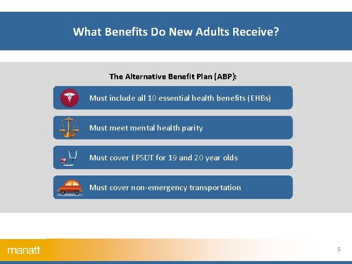 What Benefits Do New Adults Receive? The Alternative Benefit Plan (ABP): Must include all