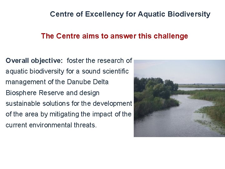 Centre of Excellency for Aquatic Biodiversity The Centre aims to answer this challenge Overall