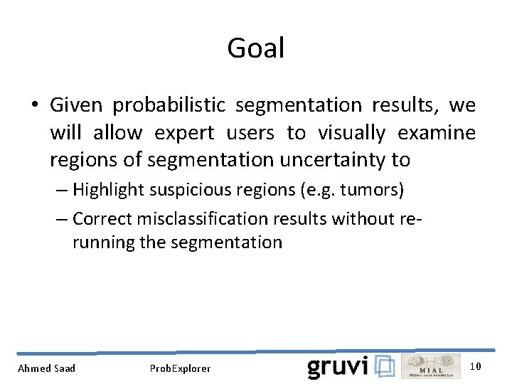 Goal • Given probabilistic segmentation results, we will allow expert users to visually examine