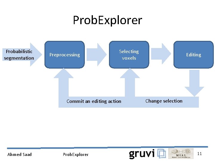 Prob. Explorer Probabilistic segmentation Preprocessing Selecting voxels Commit an editing action Ahmed Saad Prob.