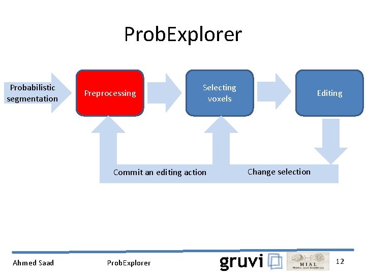 Prob. Explorer Probabilistic segmentation Preprocessing Selecting voxels Commit an editing action Ahmed Saad Prob.