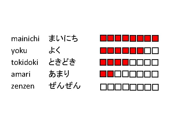 mainichi 　 まいにち yoku よく tokidoki ときどき amari あまり zenzen ぜんぜん 