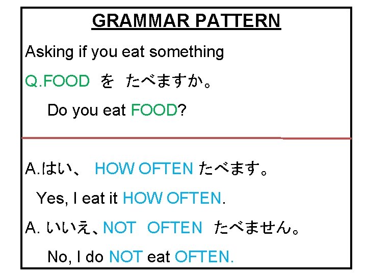 GRAMMAR PATTERN Asking if you eat something Q. FOOD　を　たべますか。 　　Do you eat FOOD? A.