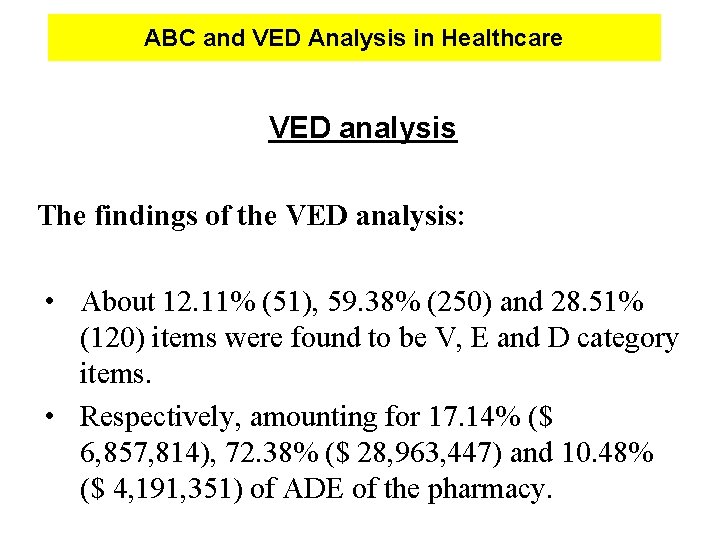 ABC and VED Analysis in Healthcare VED analysis The findings of the VED analysis: