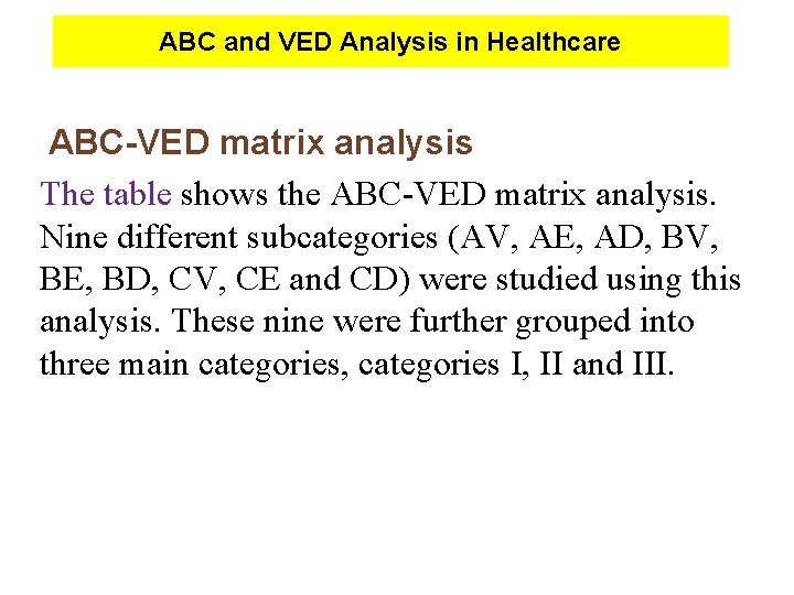 ABC and VED Analysis in Healthcare ABC-VED matrix analysis The table shows the ABC-VED