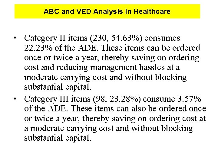 ABC and VED Analysis in Healthcare • Category II items (230, 54. 63%) consumes