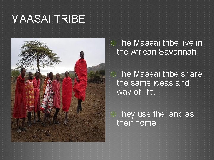 MAASAI TRIBE The Maasai tribe live in the African Savannah. The Maasai tribe share