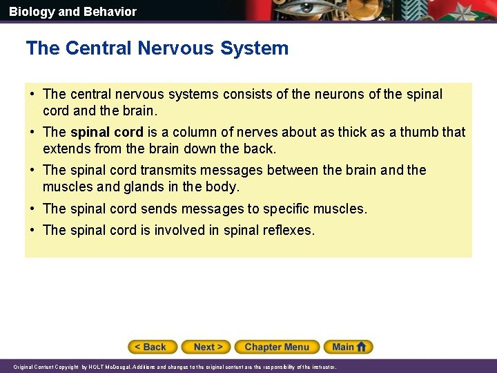 Biology and Behavior The Central Nervous System • The central nervous systems consists of
