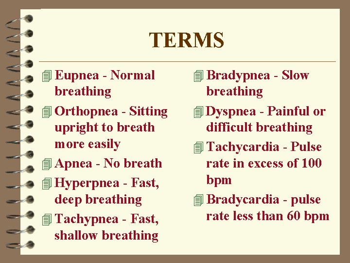 TERMS 4 Eupnea - Normal 4 Bradypnea - Slow breathing 4 Orthopnea - Sitting