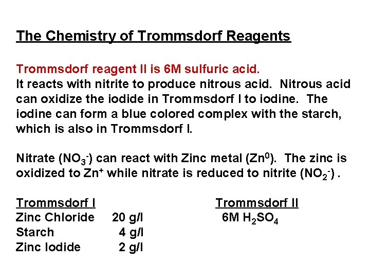 The Chemistry of Trommsdorf Reagents Trommsdorf reagent II is 6 M sulfuric acid. It