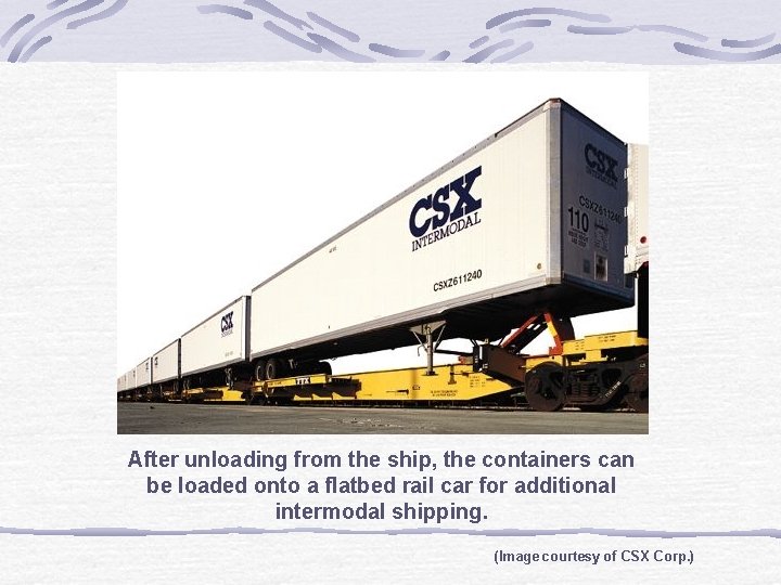 After unloading from the ship, the containers can be loaded onto a flatbed rail