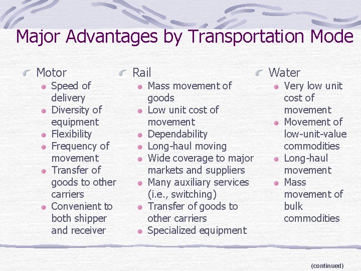Major Advantages by Transportation Mode Motor Speed of delivery Diversity of equipment Flexibility Frequency