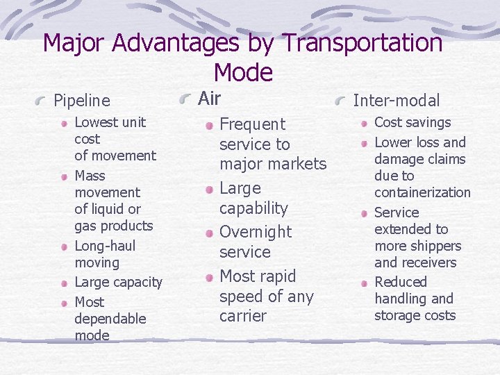 Major Advantages by Transportation Mode Pipeline Lowest unit cost of movement Mass movement of