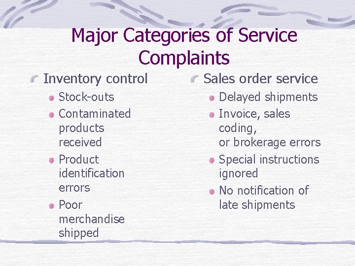 Major Categories of Service Complaints Inventory control Stock-outs Contaminated products received Product identification errors