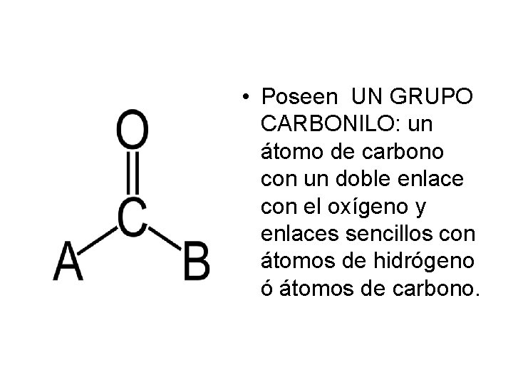  • Poseen UN GRUPO CARBONILO: un átomo de carbono con un doble enlace