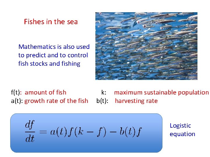 Fishes in the sea Mathematics is also used to predict and to control fish