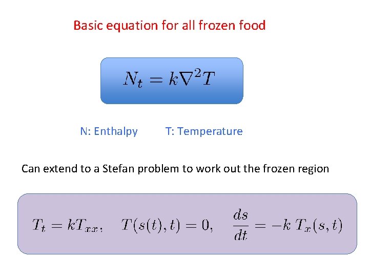 Basic equation for all frozen food N: Enthalpy T: Temperature Can extend to a