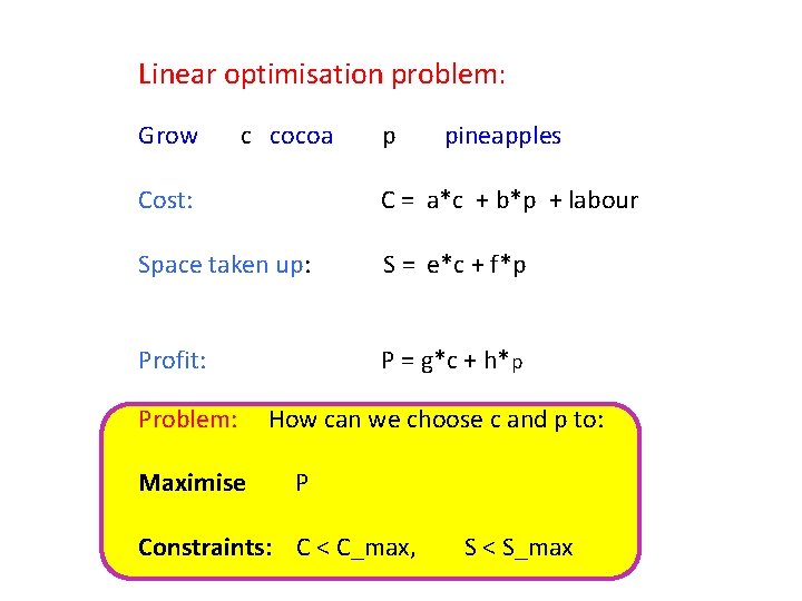Linear optimisation problem: Grow c cocoa p pineapples Cost: C = a*c + b*p