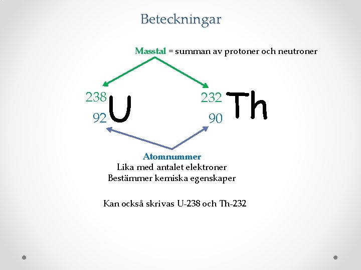 Beteckningar Masstal = summan av protoner och neutroner U 238 92 232 90 Th