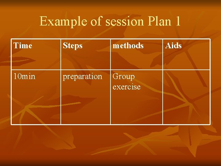 Example of session Plan 1 Time Steps methods 10 min preparation Group exercise Aids