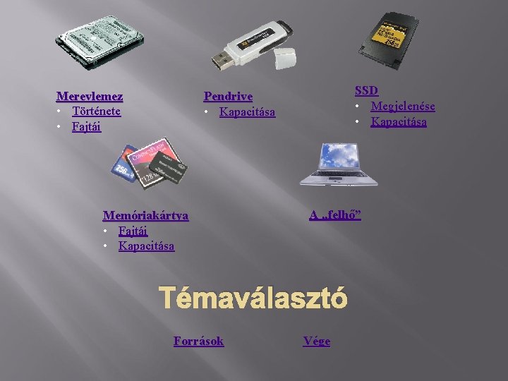 Merevlemez • Története • Fajtái SSD • Megjelenése • Kapacitása Pendrive • Kapacitása Memóriakártya