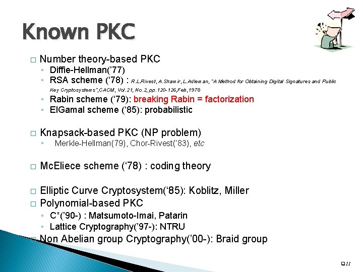 Known PKC � Number theory-based PKC ◦ Diffie-Hellman(’ 77) ◦ RSA scheme (‘ 78)