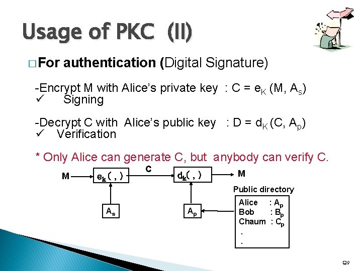 Usage of PKC (II) � For authentication (Digital Signature) -Encrypt M with Alice’s private