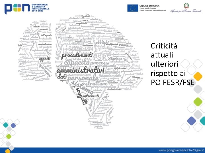 Criticità attuali ulteriori rispetto ai PO FESR/FSE 