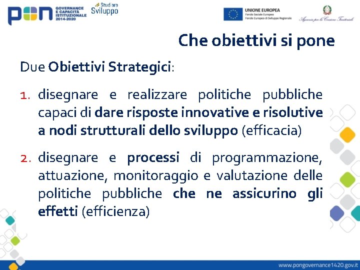 Che obiettivi si pone Due Obiettivi Strategici: 1. disegnare e realizzare politiche pubbliche capaci