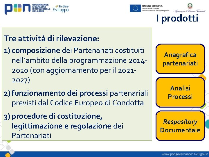 I prodotti Tre attività di rilevazione: 1) composizione dei Partenariati costituiti nell’ambito della programmazione