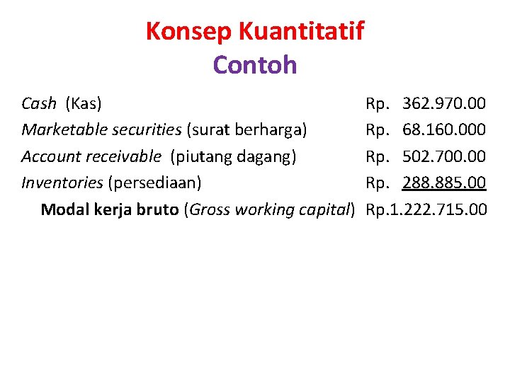 Konsep Kuantitatif Contoh Cash (Kas) Marketable securities (surat berharga) Account receivable (piutang dagang) Inventories