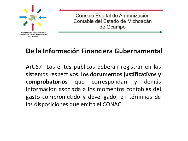 De la Información Financiera Gubernamental Art. 67 Los entes públicos deberán registrar en los