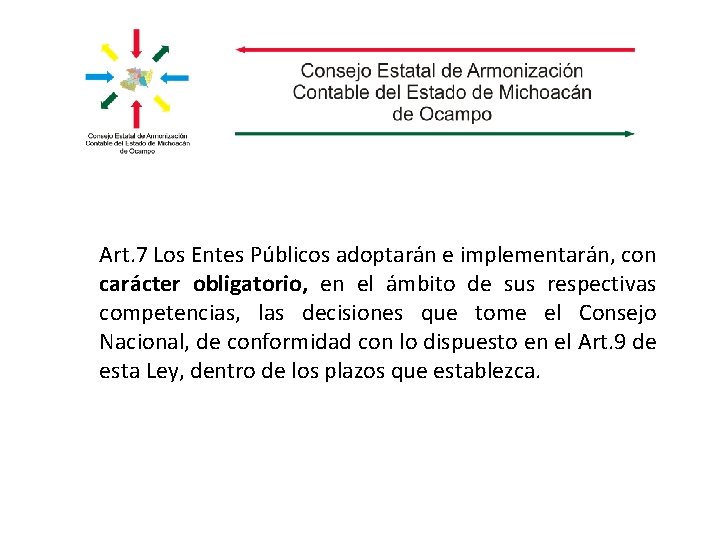 Art. 7 Los Entes Públicos adoptarán e implementarán, con carácter obligatorio, en el ámbito