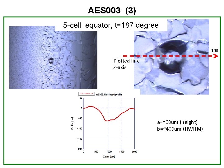 AES 003 (3) 5 -cell equator, t=187 degree 100 Plotted line Z-axis a=~60 um