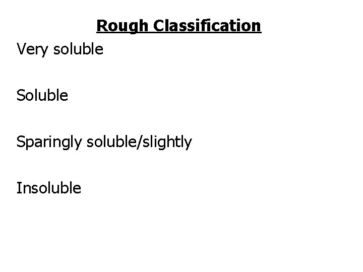 Rough Classification Very soluble Sparingly soluble/slightly Insoluble 