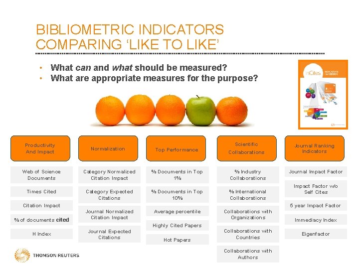 BIBLIOMETRIC INDICATORS COMPARING ‘LIKE TO LIKE’ • What can and what should be measured?