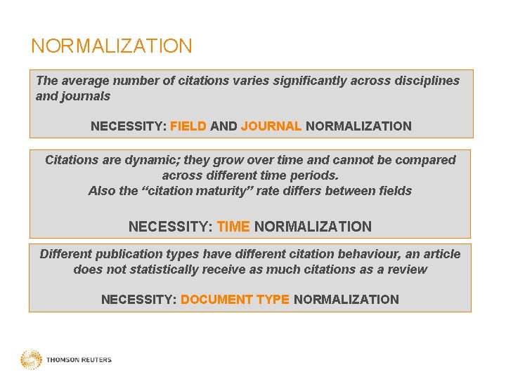 NORMALIZATION The average number of citations varies significantly across disciplines and journals NECESSITY: FIELD