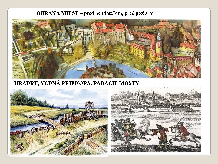 OBRANA MIEST – pred nepriateľom, pred požiarmi HRADBY, VODNÁ PRIEKOPA, PADACIE MOSTY 