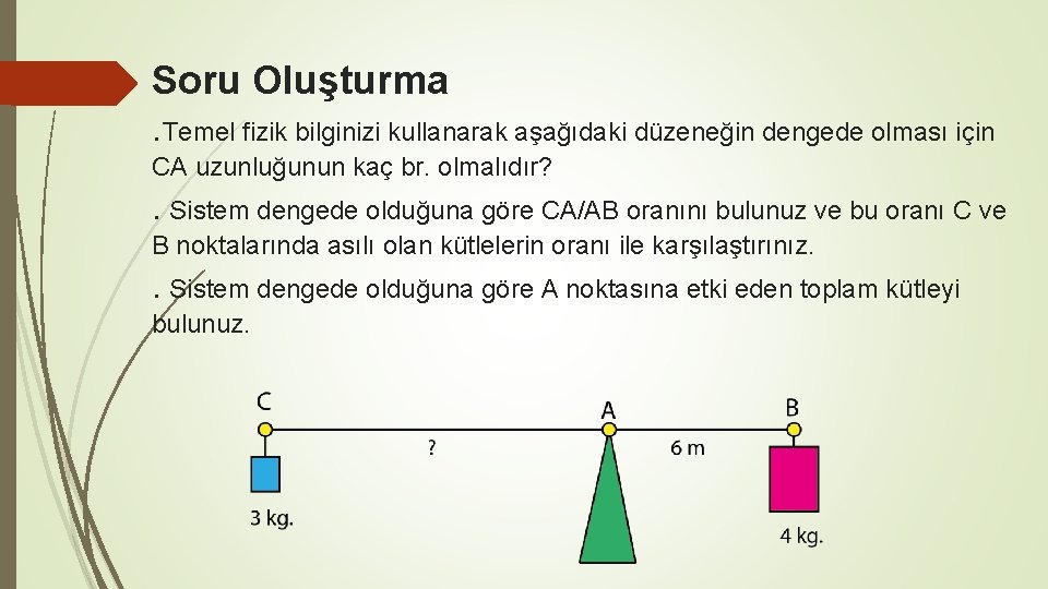 Soru Oluşturma. Temel fizik bilginizi kullanarak aşağıdaki düzeneğin dengede olması için CA uzunluğunun kaç