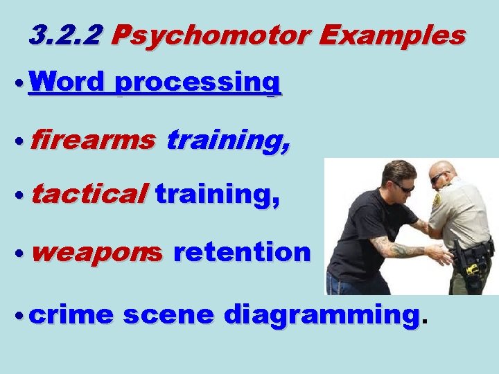 3. 2. 2 Psychomotor Examples • Word processing • firearms training, • tactical training,