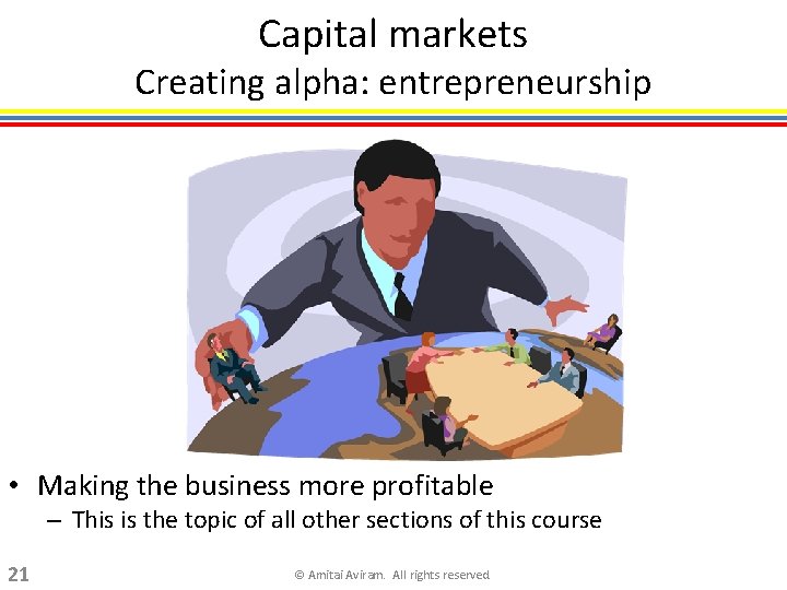 Capital markets Creating alpha: entrepreneurship • Making the business more profitable – This is