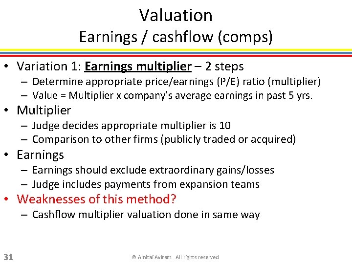 Valuation Earnings / cashflow (comps) • Variation 1: Earnings multiplier – 2 steps –