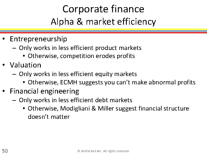 Corporate finance Alpha & market efficiency • Entrepreneurship – Only works in less efficient