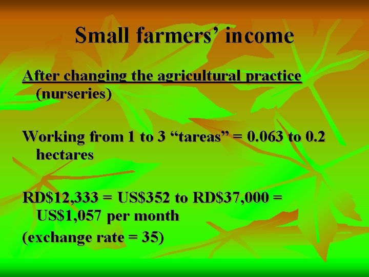 Small farmers’ income After changing the agricultural practice (nurseries) Working from 1 to 3