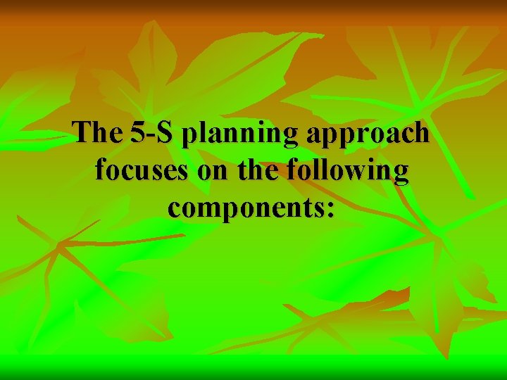 The 5 -S planning approach focuses on the following components: 