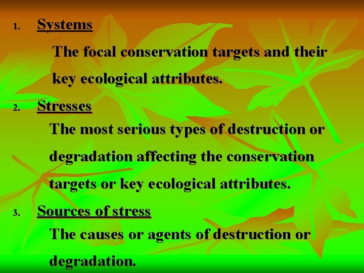 1. Systems The focal conservation targets and their key ecological attributes. 2. Stresses The