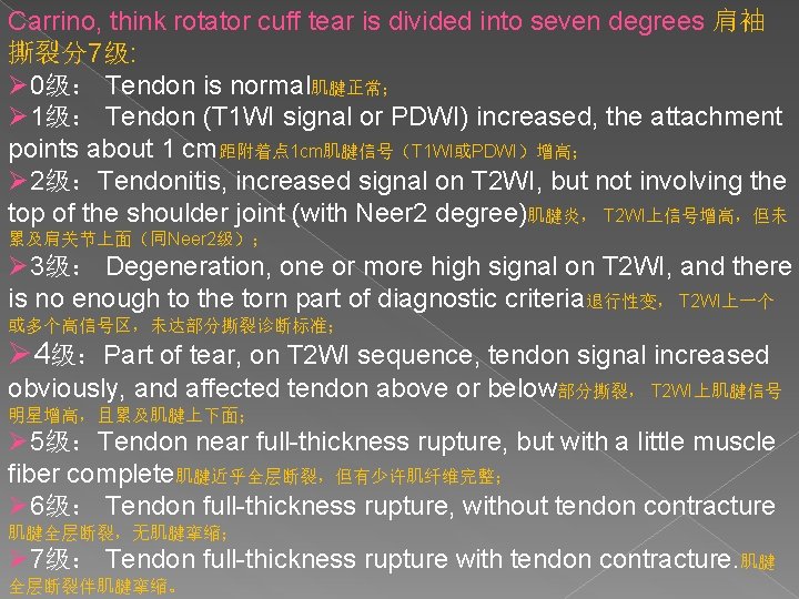 Carrino, think rotator cuff tear is divided into seven degrees 肩袖 撕裂分7级: Ø 0级：