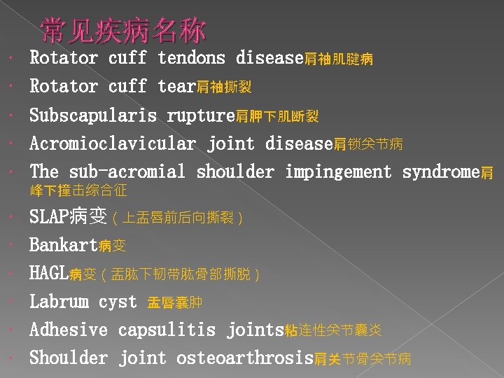 常见疾病名称 Rotator cuff tendons disease肩袖肌腱病 Rotator cuff tear肩袖撕裂 Subscapularis rupture肩胛下肌断裂 Acromioclavicular joint disease肩锁关节病 The