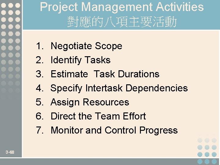 Project Management Activities 對應的八項主要活動 1. 2. 3. 4. 5. 6. 7. 3 -68 Negotiate